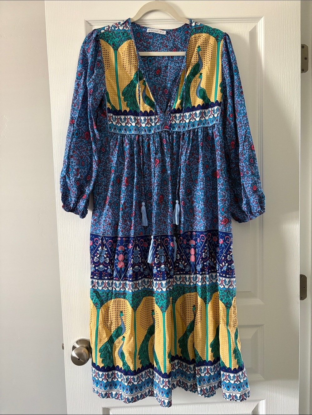 Blue & Yellow Floral Peasant Midi Dress with Tassel Tie